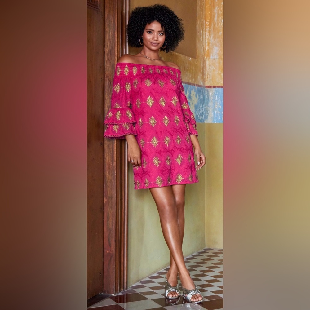 Boston Proper Pink Gold Embroidered Off The Shoulder Ruffle Sleeve Dress S‎ - Picture 2 of 8